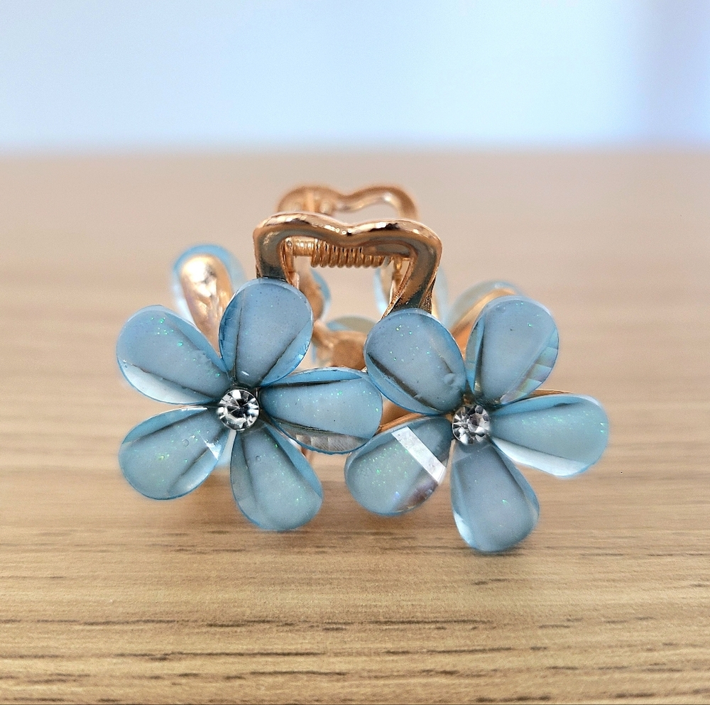 Blue Floral Hair Claw Clip With Rhinestone Center, Gold Tone Flower Hair Clip